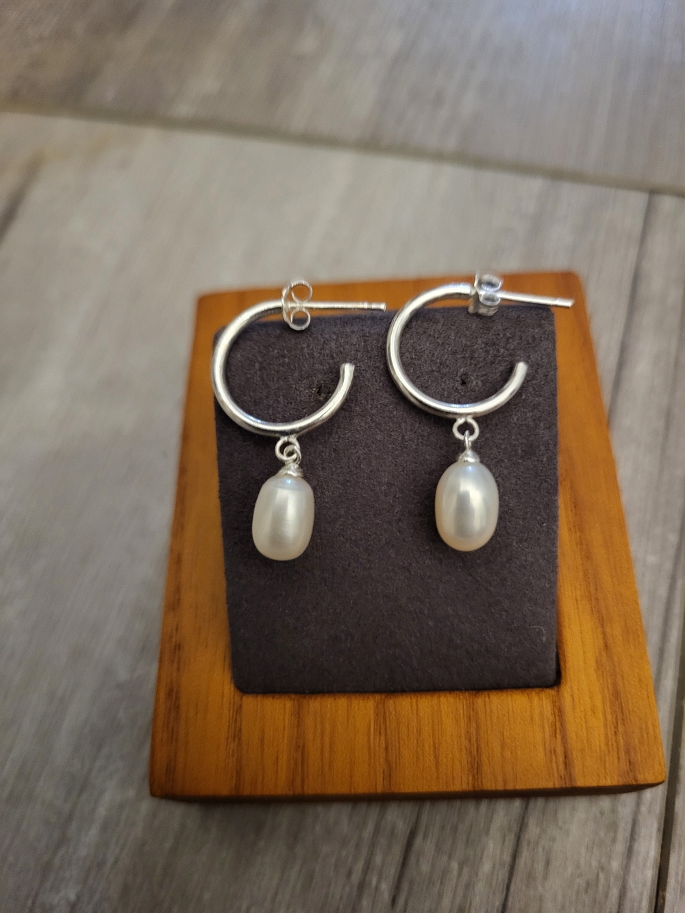 Sterling 925 Silver Half Hoop Earrings with Genuine White Pearl Drops